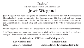 Traueranzeige von Josef Wiegand 