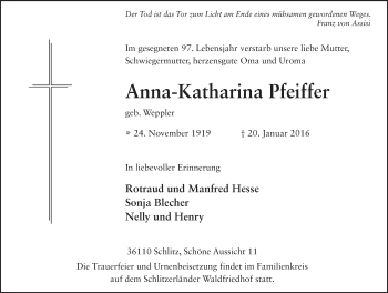 Traueranzeige von Anna-Katharina Pfeiffer 
