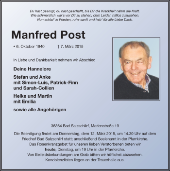 Traueranzeige von Manfred Post 