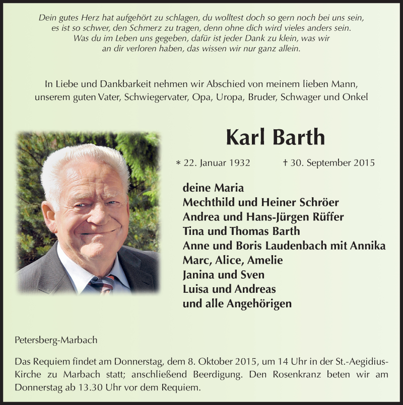  Traueranzeige für Karl Barth vom 05.10.2015 aus 