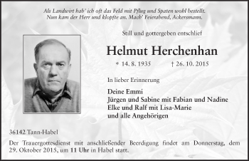 Traueranzeige von Helmut Herchenhan 