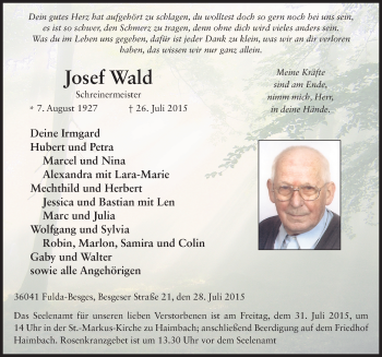Traueranzeige von Josef Wald 