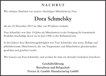 Traueranzeige von Dora Schmelsky 