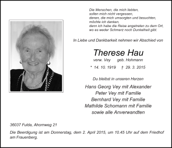 Traueranzeige von Therese Hau 