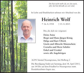 Traueranzeige von Heinrich Wolf 