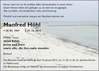 Traueranzeige von Manfred Höhl 