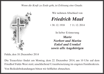 Traueranzeige von Friedrich Maul 