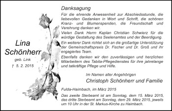 Traueranzeige von Lina Schönherr 