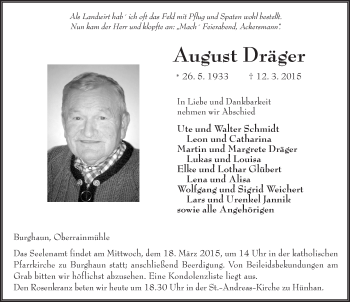 Traueranzeige von August Dräger 