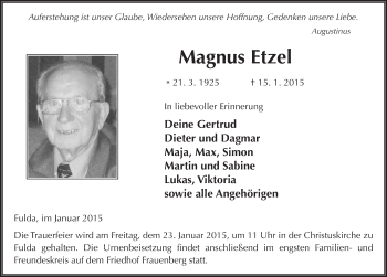 Traueranzeige von Magnus Etzel 