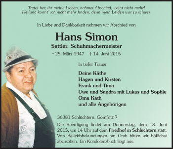 Traueranzeige von Hans Simon 