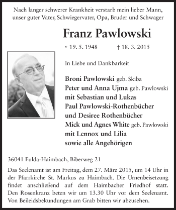 Traueranzeige von Franz Pawlowski 