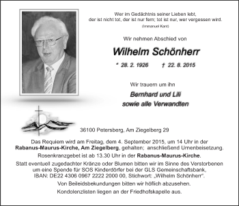 Traueranzeige von Wilhelm Schönherr 