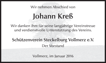 Traueranzeige von Johann Kreß 