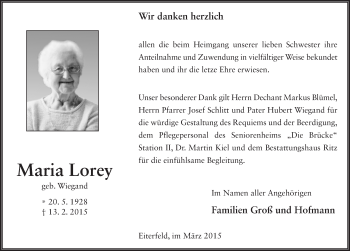 Traueranzeige von Maria Lorey 