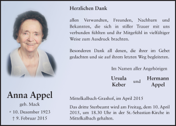 Traueranzeige von Anna Appel 