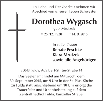 Traueranzeige von Dorothea Wygasch 