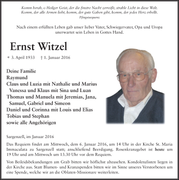 Traueranzeige von Ernst Witzel 