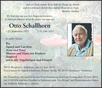 Traueranzeige von Otto Schallhorn 