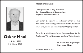 Traueranzeige von Oskar Maul 