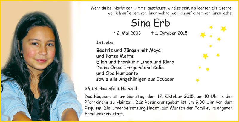  Traueranzeige für Sina Erb vom 15.10.2015 aus 