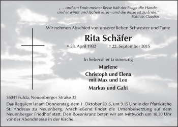Traueranzeige von Rita Schäfer 