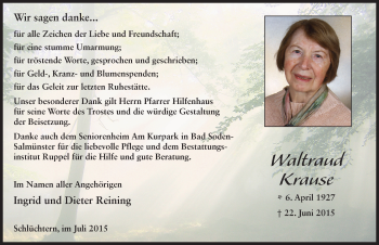 Traueranzeige von Waltraud Krause 