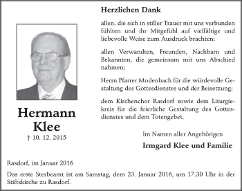 Traueranzeige von Hermann Klee 