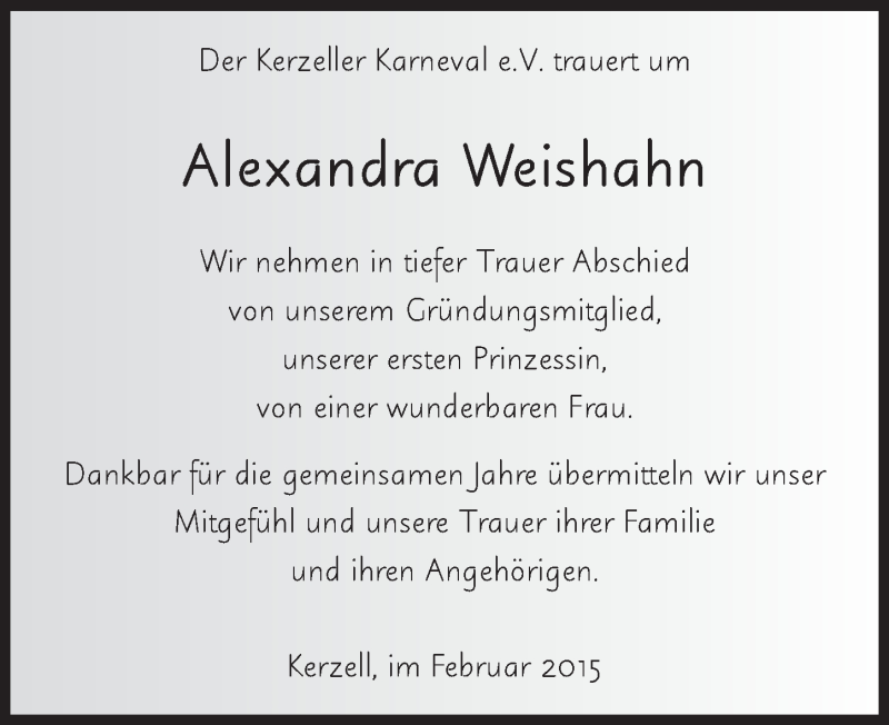  Traueranzeige für Alexandra Annemarie Weishahn vom 11.03.2015 aus 