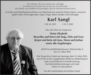 Traueranzeige von Karl Sangl 