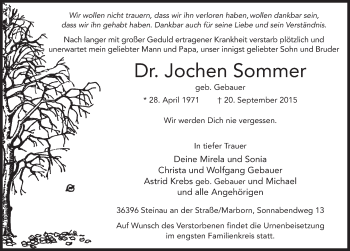 Traueranzeige von Jochen Sommer 