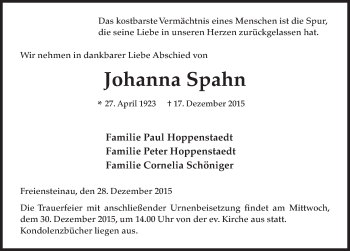 Traueranzeige von Johanna Spahn 
