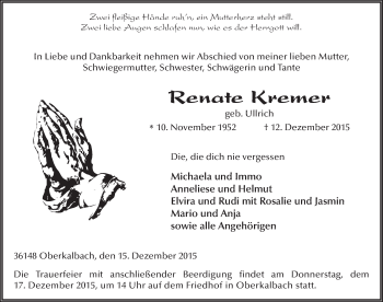 Traueranzeige von Renate Kremer 
