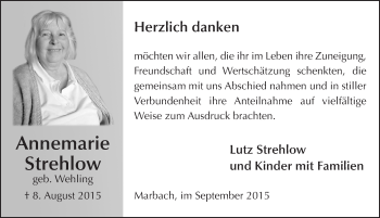 Traueranzeige von Annemarie Strehlow 