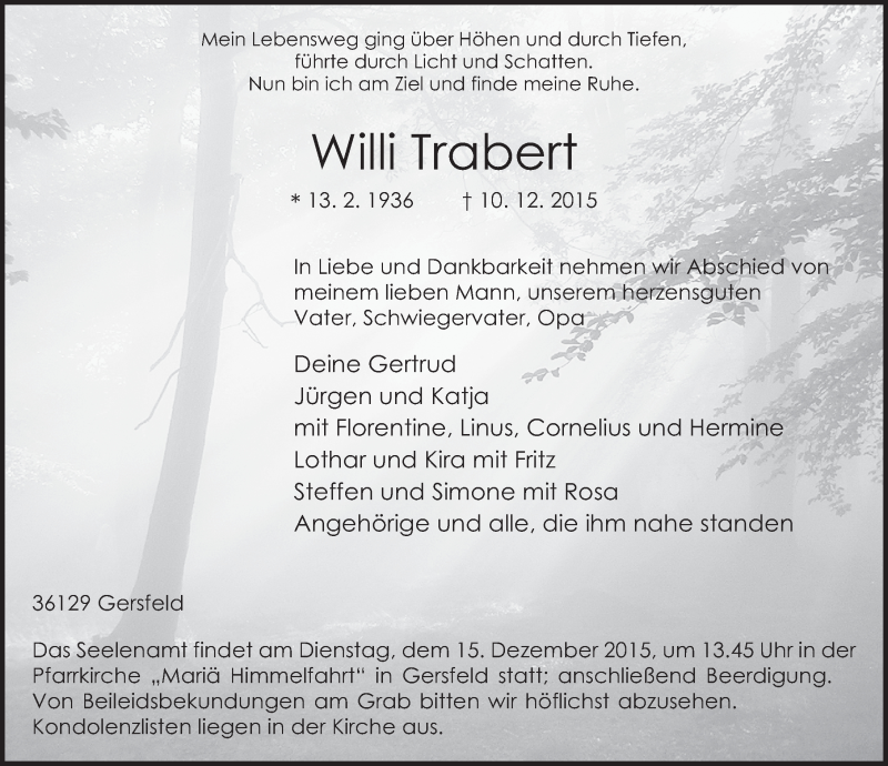  Traueranzeige für Willi Trabert vom 12.12.2015 aus 