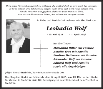Traueranzeige von Leokadia Wolf 