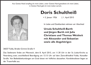 Traueranzeige von Doris Schultheiß 
