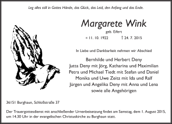 Traueranzeige von Margarete Wink 