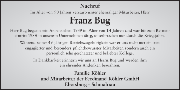 Traueranzeige von Franz Bug 