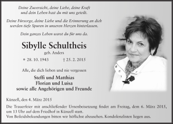 Traueranzeige von Sibylle Schultheis 