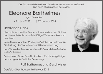 Traueranzeige von Eleonore Barthelmes 