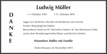 Traueranzeige von Ludwig Müller 