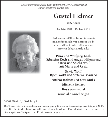 Traueranzeige von Gustel Helmer 