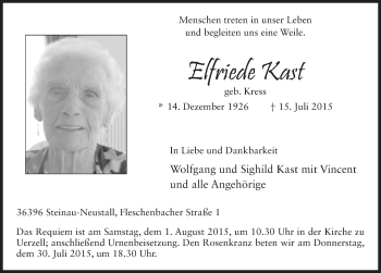 Traueranzeige von Elfriede Kast 