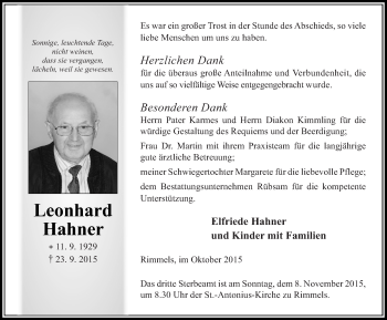 Traueranzeige von Leonhard Hahner 