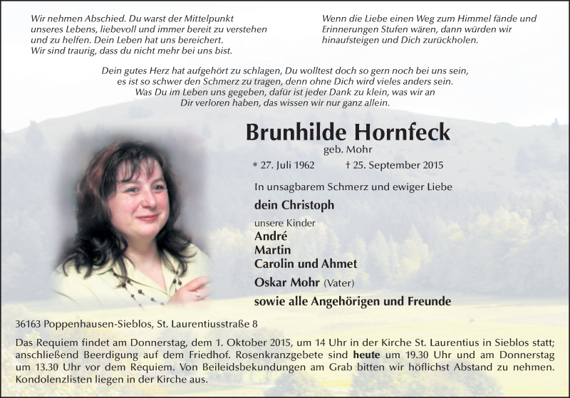  Traueranzeige für Brunhilde Hornfeck vom 29.09.2015 aus 