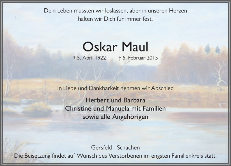  Traueranzeige für Oskar Maul vom 11.02.2015 aus 