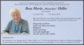 Traueranzeige von Rosa Maria Heller von Fuldaer Zeitung