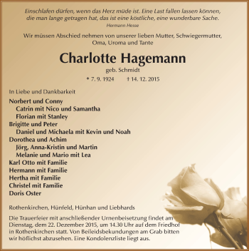 Traueranzeige von Charlotte Hagemann 