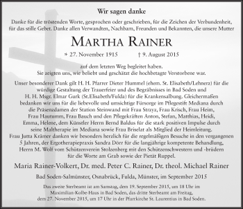 Traueranzeige von Martha Rainer 